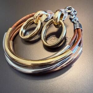 FOSSIL Brown Leather Mixed Metal Bracelet & LOFT Earrings